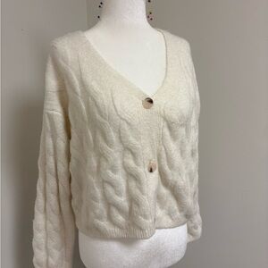 Soft Cable Knit V-Neck Cardigan Sweater - Cream